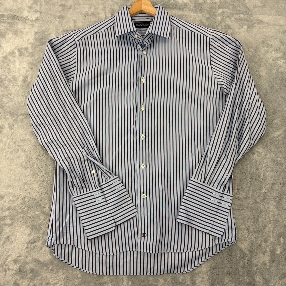David Donahue Dress Shirt 15.5 34/35 Mens Blue Brown Stripe French Cuff